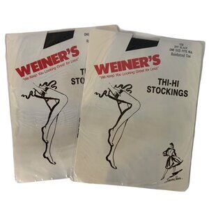 Weiners Thi-Hi Stockings Lot of 2 Pair Off Black One Size Nylon Reinforced Toe